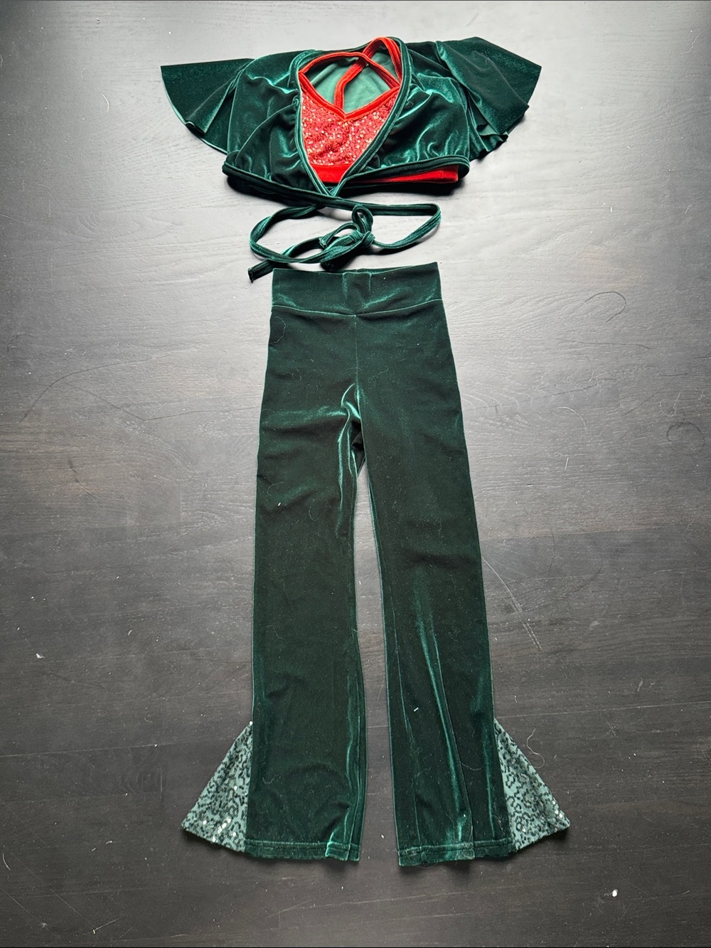 Kids Dance Two-Piece Velvet Set - Green with Sequin Accents and Rust Top